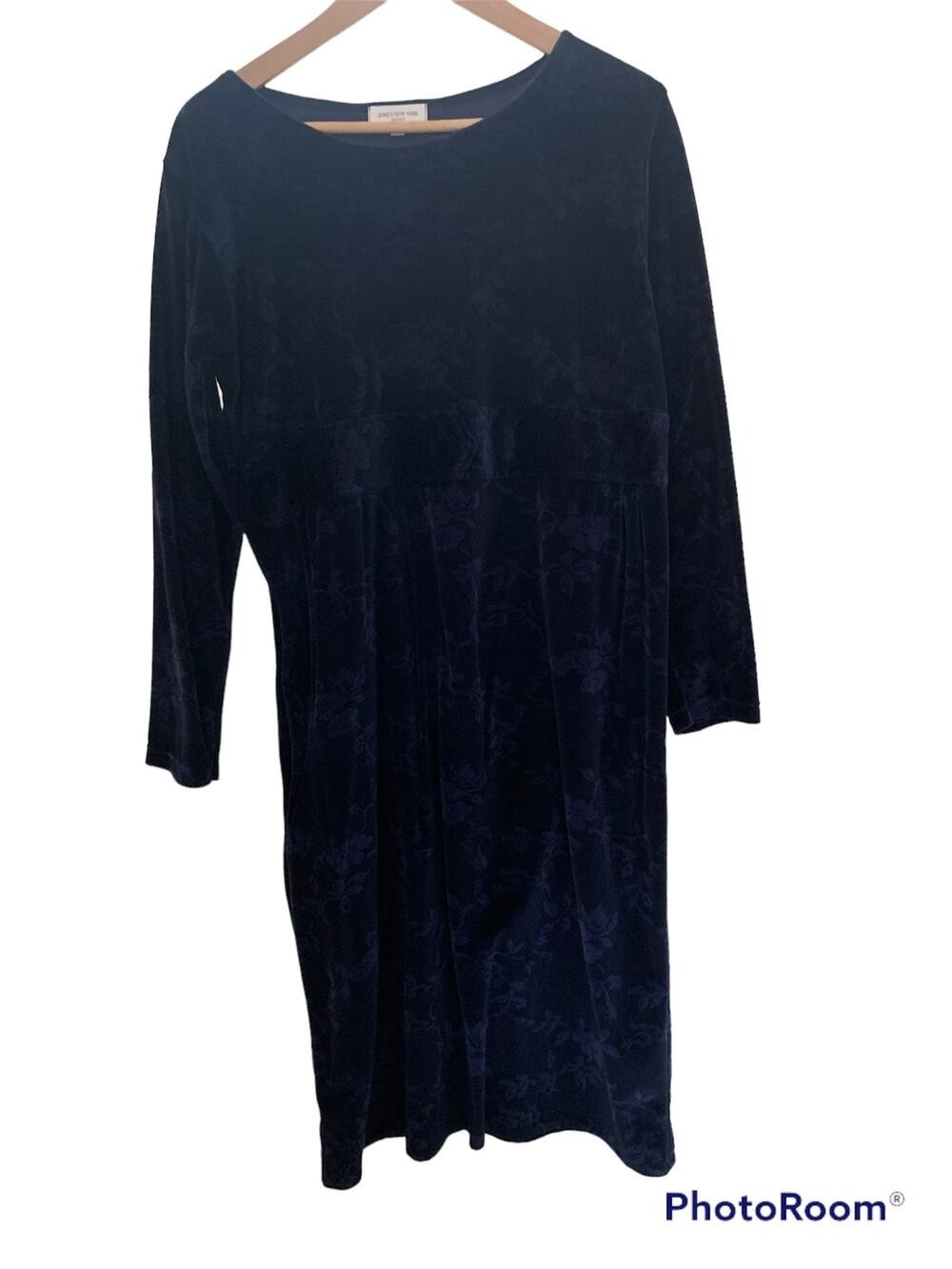 Jones New York Sports Blue Velour Floral Mom Teacher Vintage Long Sleeve Dress